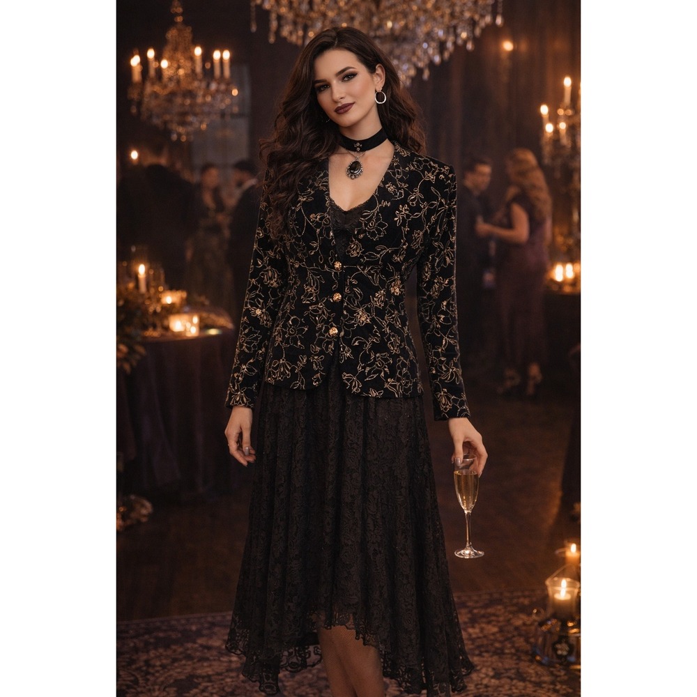 Whimisgoth FairyGlam Velvet Metallic Floral Sparkle Glitterโ Rhinestone 6 Blazer